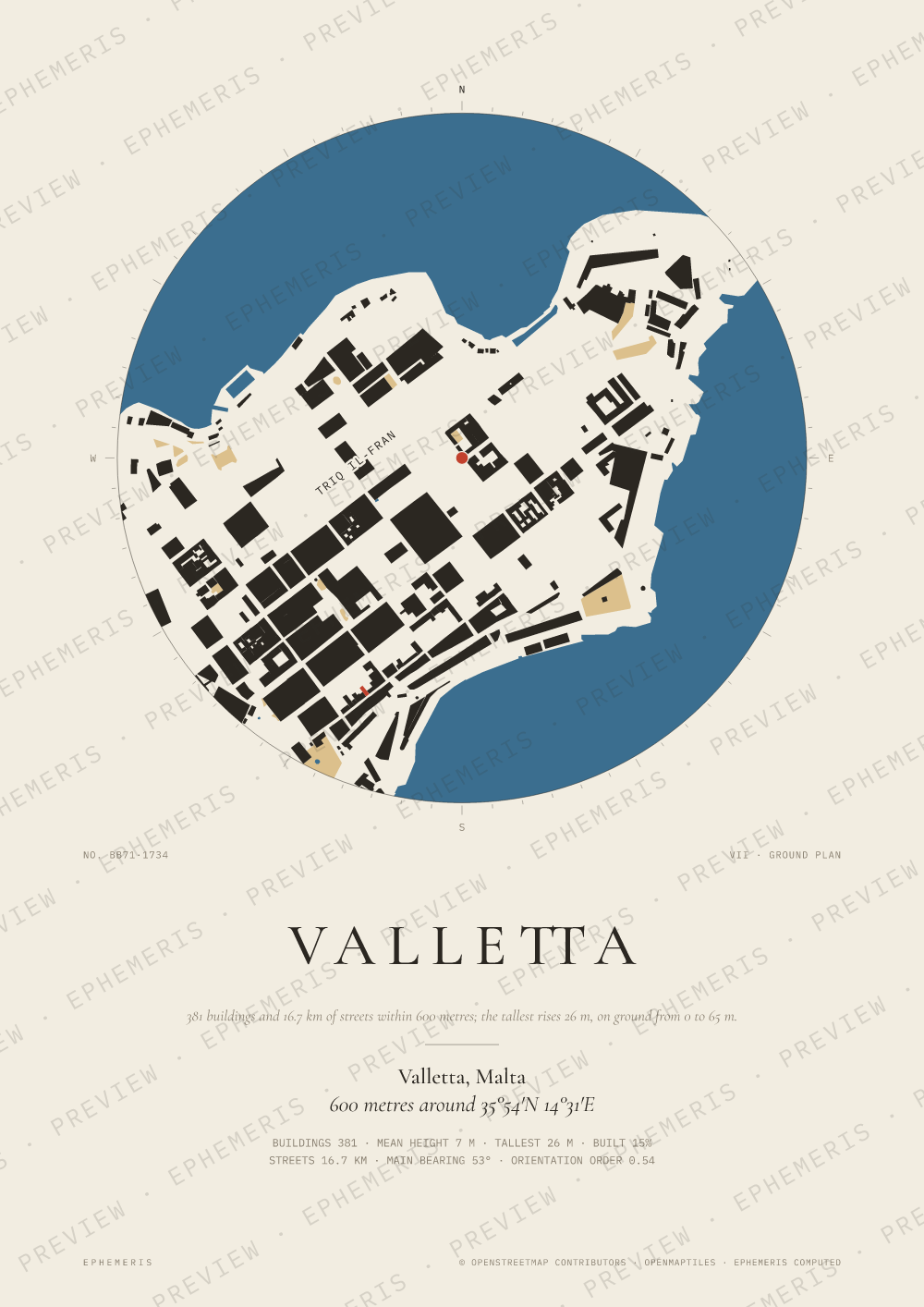 Valletta map poster: the city drawn as a plan