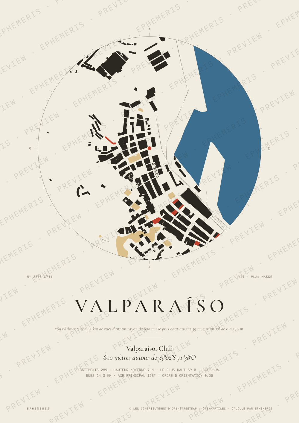 Affiche carte de Valparaíso : la ville dessinée en plan