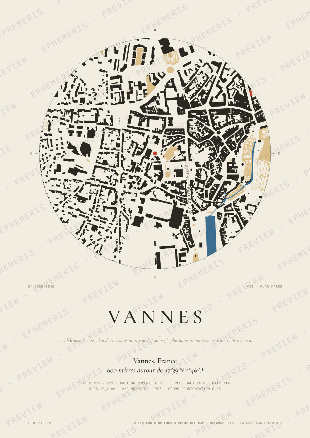 Affiche carte de Vannes : la ville dessinée en plan