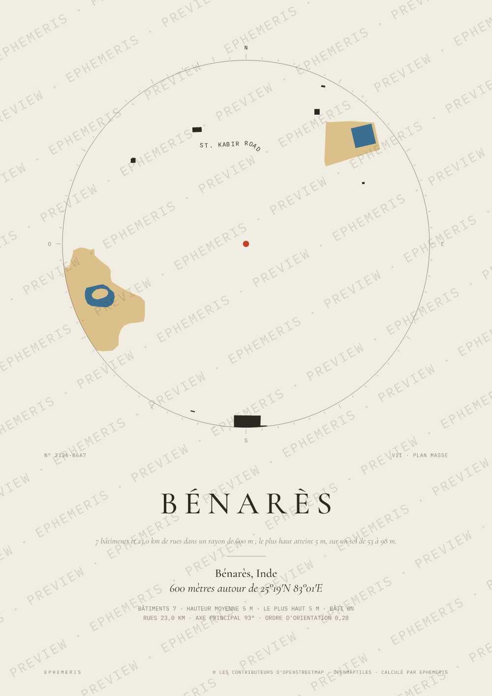 Affiche carte de Bénarès : la ville dessinée en plan
