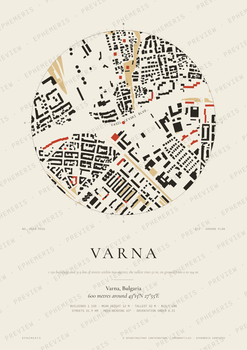 Varna map poster: the city drawn as a plan