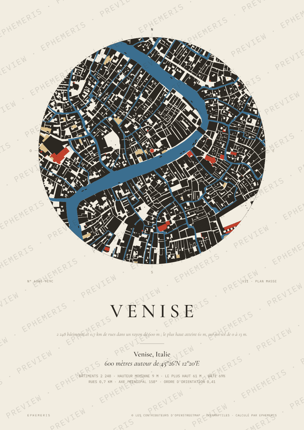 Affiche carte de Venise : la ville dessinée en plan