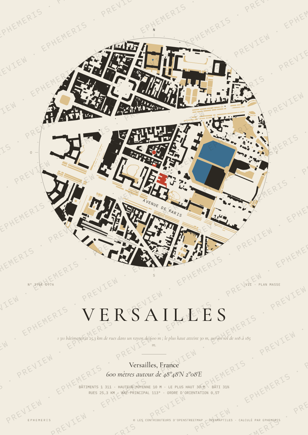 Affiche carte de Versailles : la ville dessinée en plan