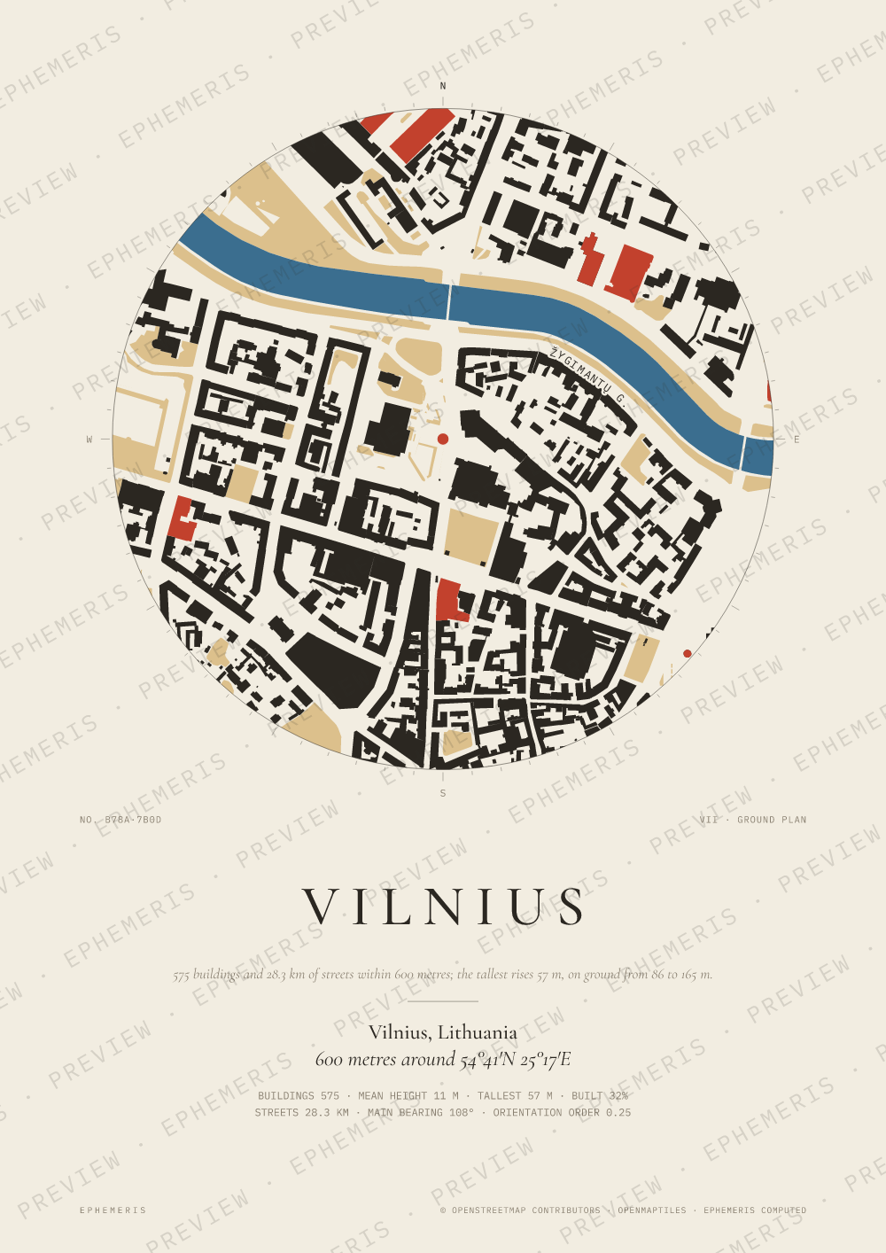 Vilnius map poster: the city drawn as a plan