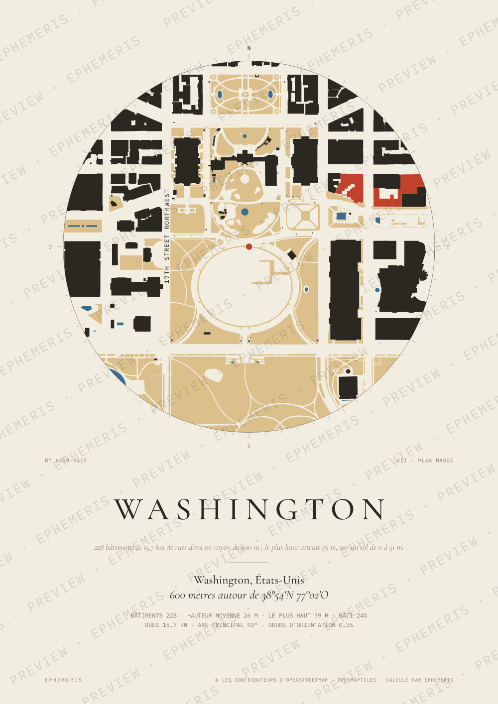 Affiche carte de Washington : la ville dessinée en plan