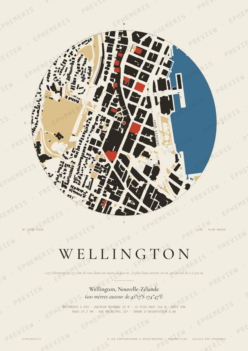 Affiche carte de Wellington : la ville dessinée en plan