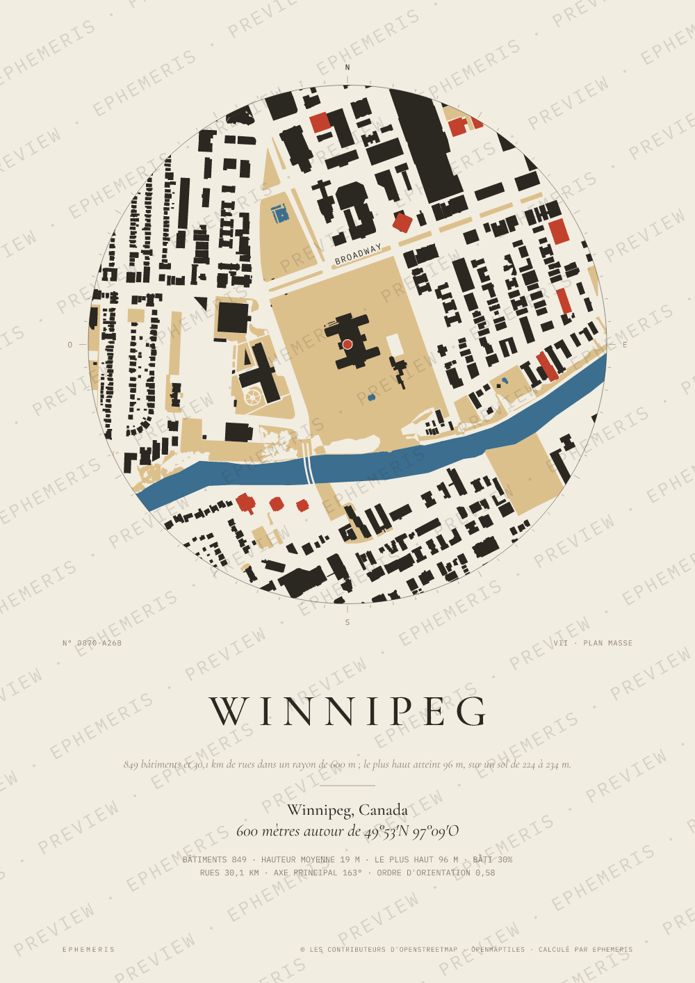 Affiche carte de Winnipeg : la ville dessinée en plan