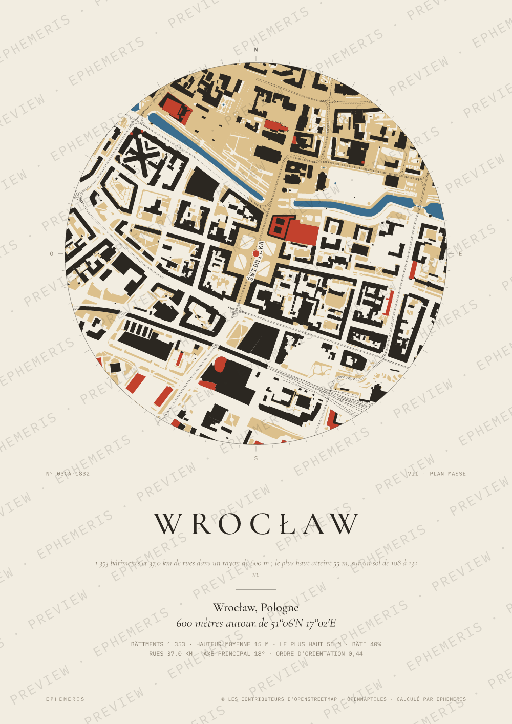 Affiche carte de Wrocław : la ville dessinée en plan