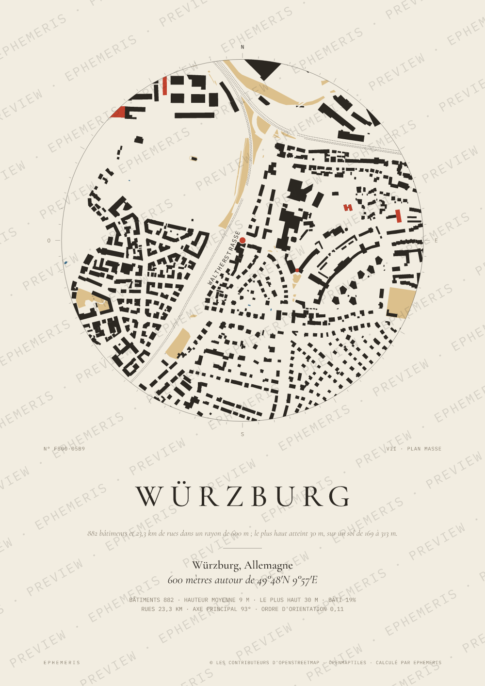 Affiche carte de Würzburg : la ville dessinée en plan