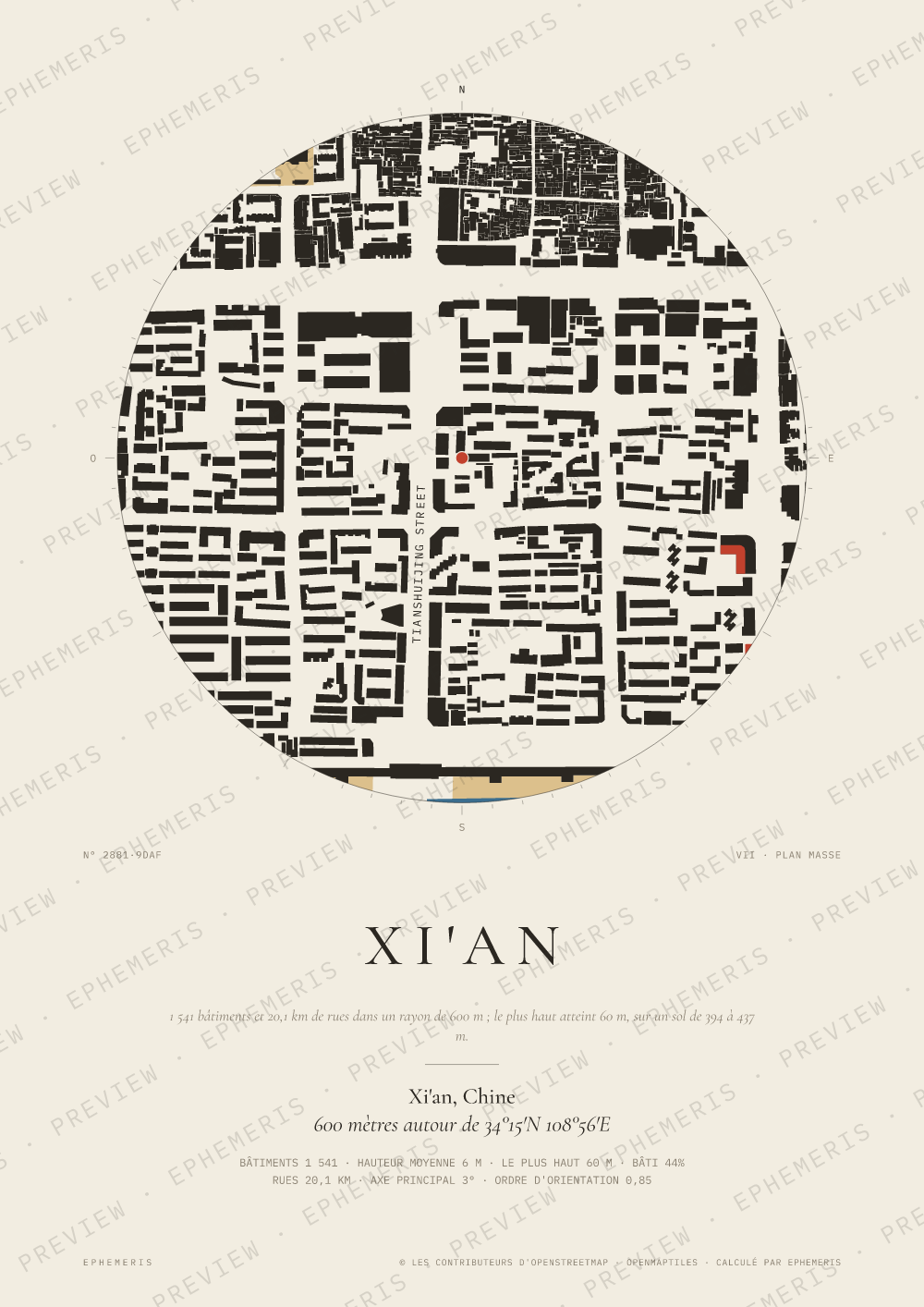 Affiche carte de Xi'an : la ville dessinée en plan