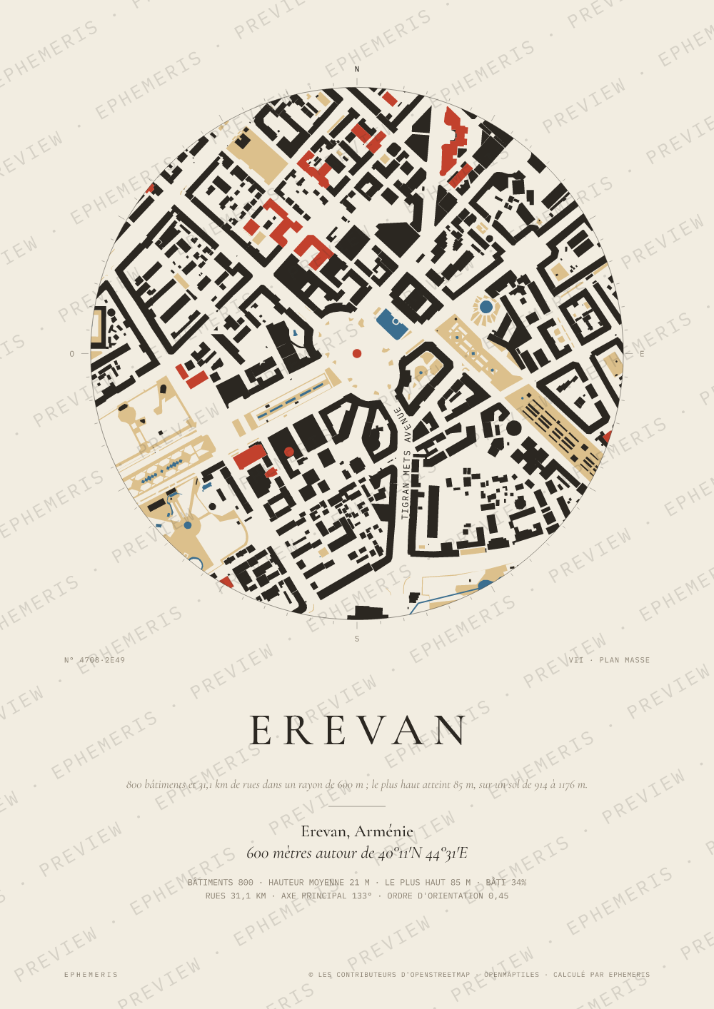 Affiche carte de Erevan : la ville dessinée en plan