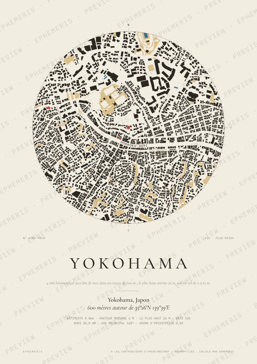 Affiche carte de Yokohama : la ville dessinée en plan