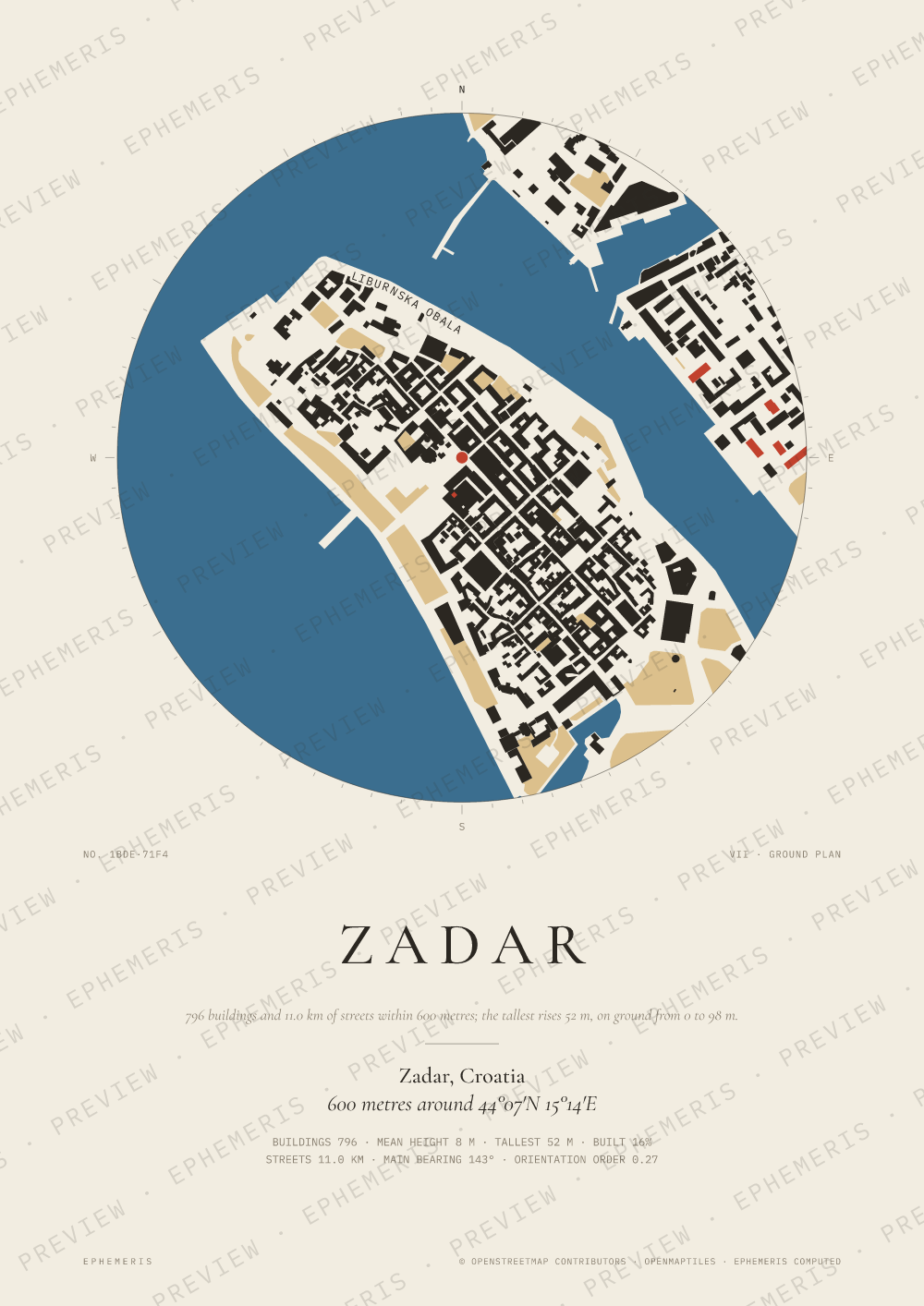 Zadar map poster: the city drawn as a plan