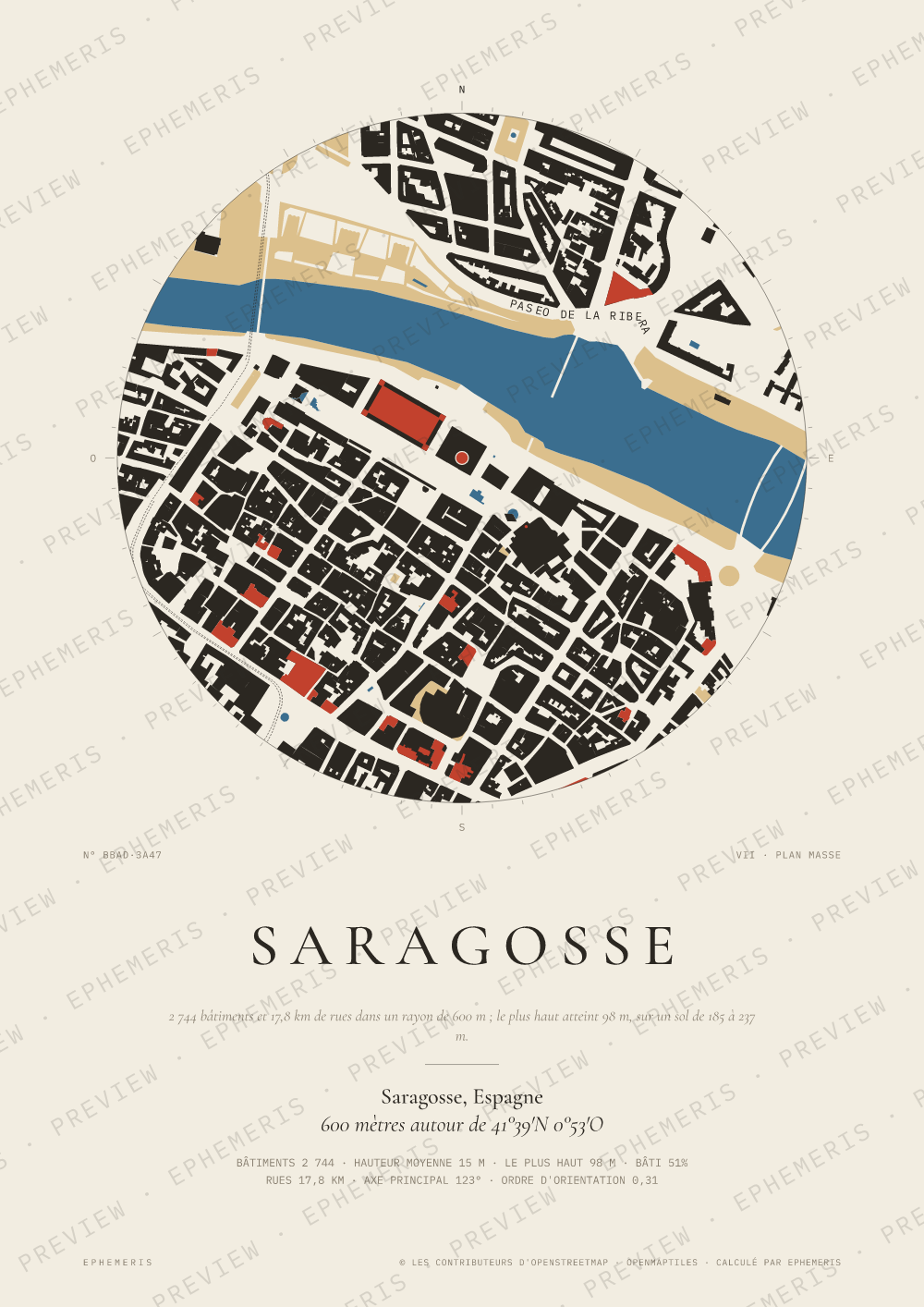 Affiche carte de Saragosse : la ville dessinée en plan