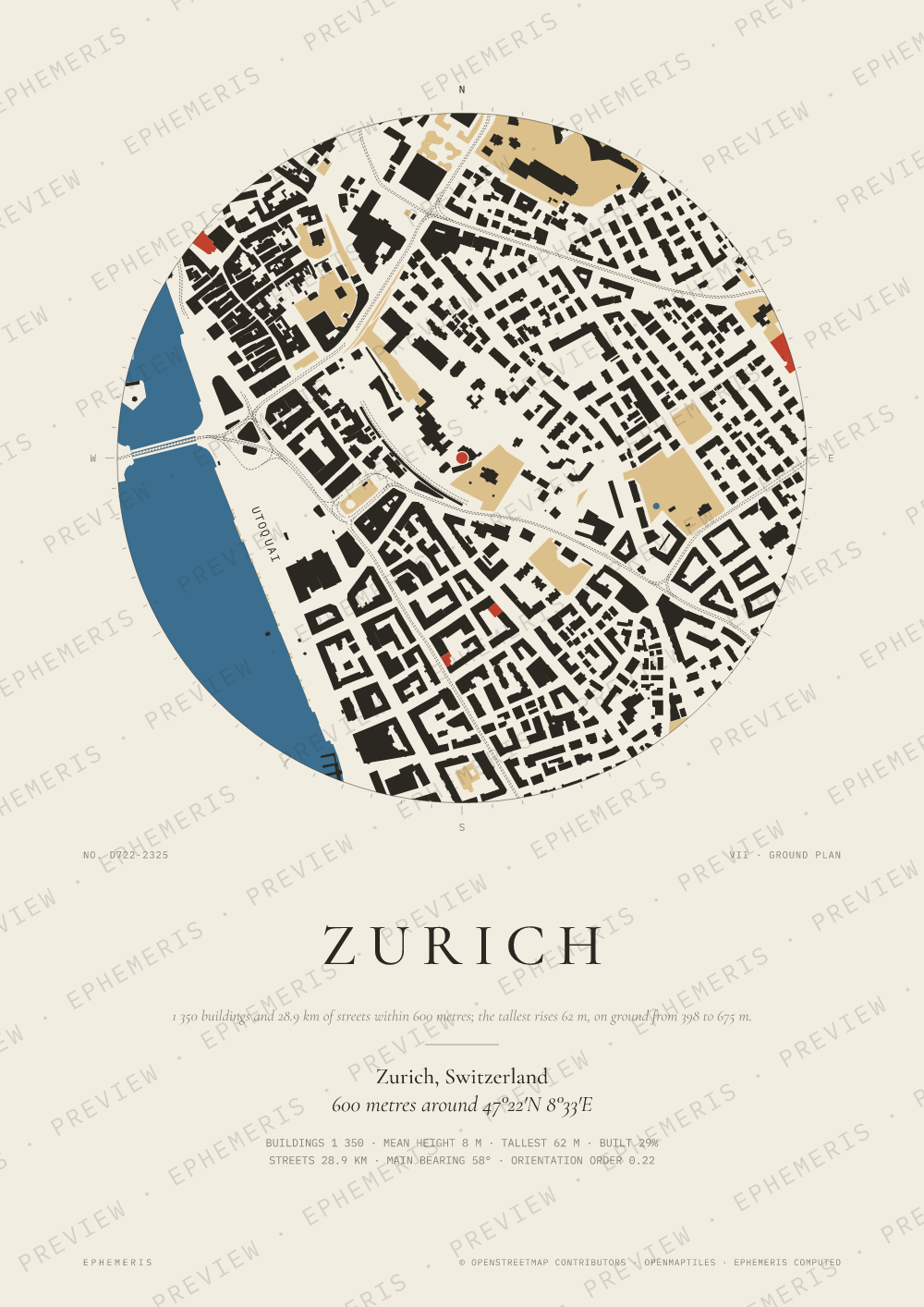 Zurich map poster: the city drawn as a plan