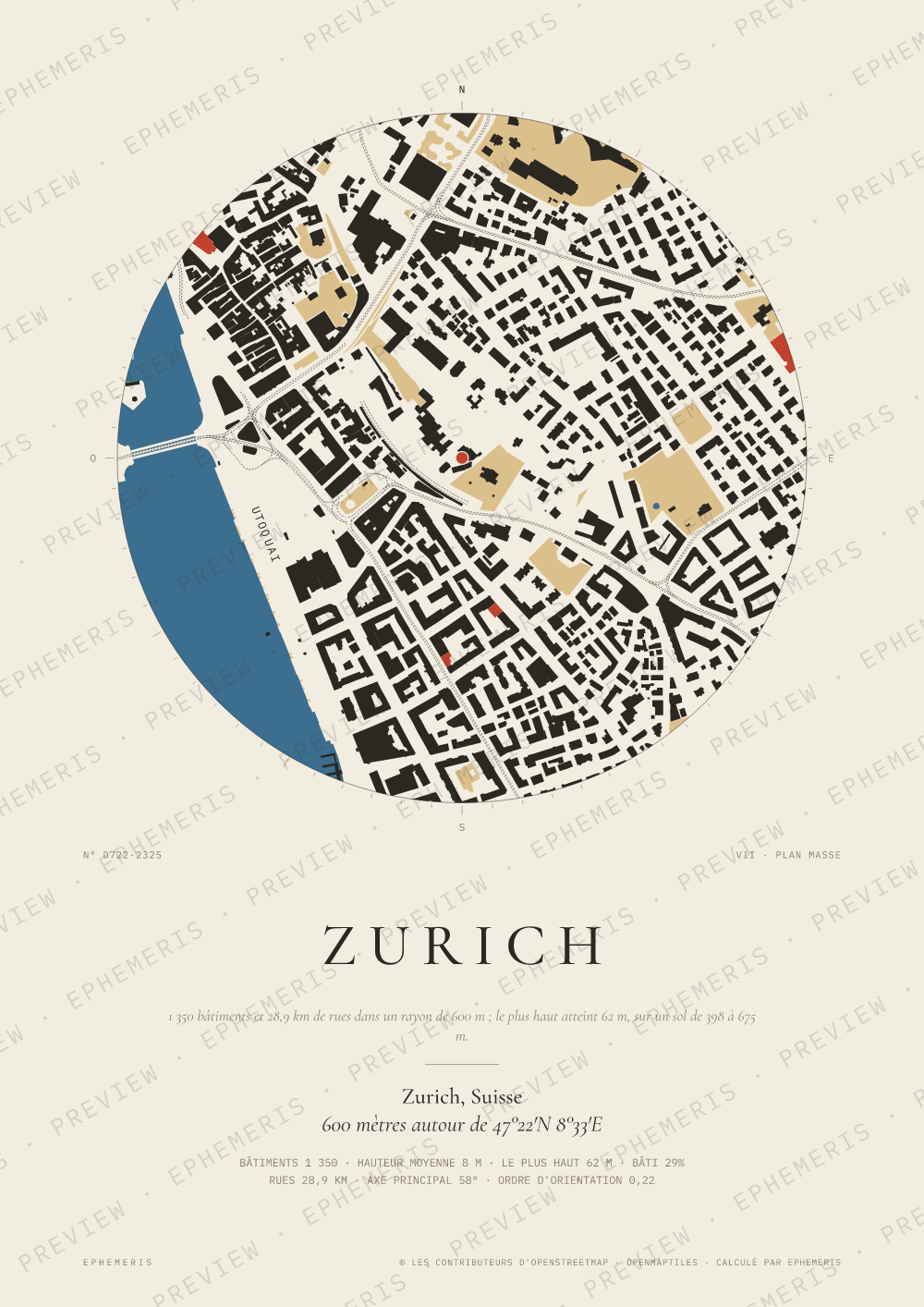 Affiche carte de Zurich : la ville dessinée en plan